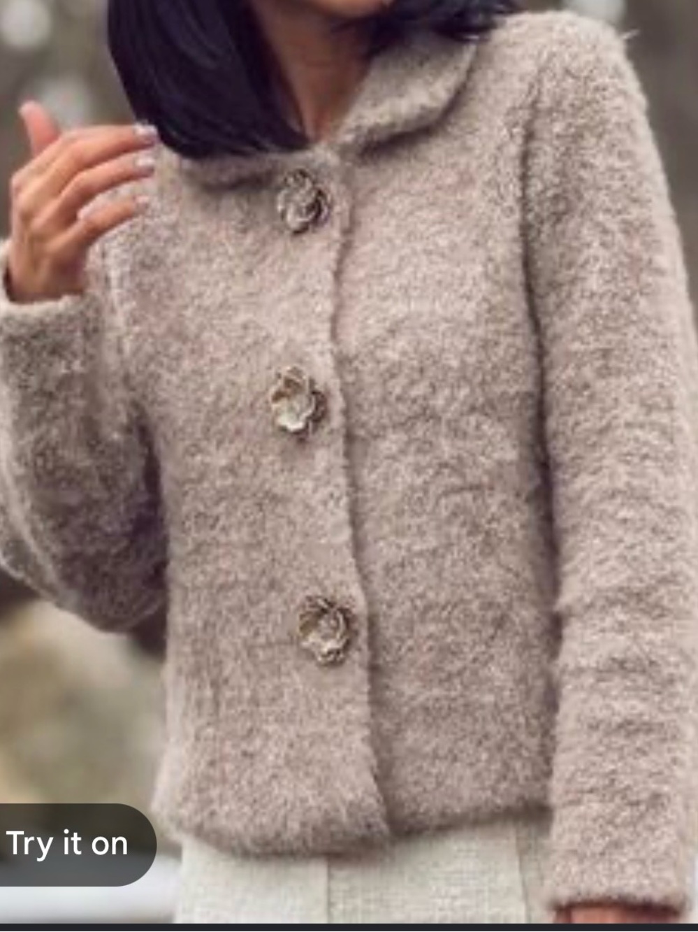 Zara Taupe Teddy Bouclé Jacket with Floral gold Buttons Sz S